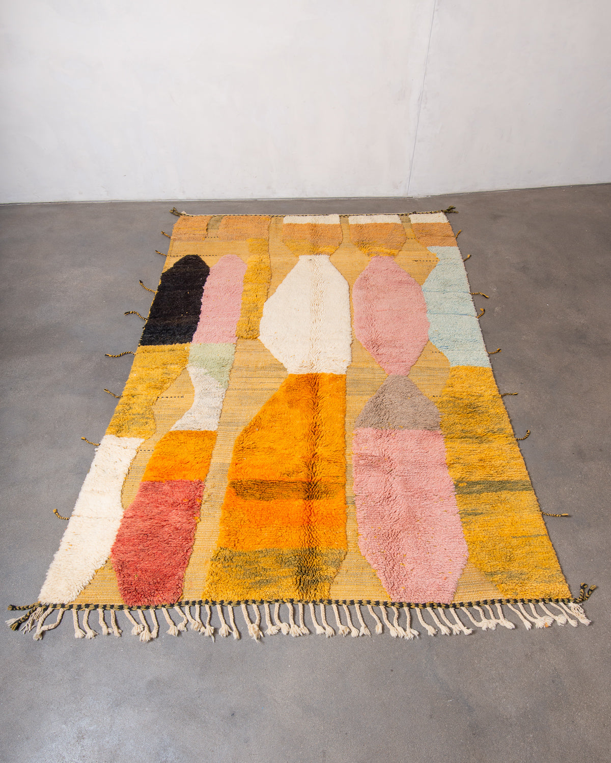 Modern, designer, handcrafted Berber rug from Morocco. Beniourain carpet with beautiful colours and patterns and fluffy wool texture.